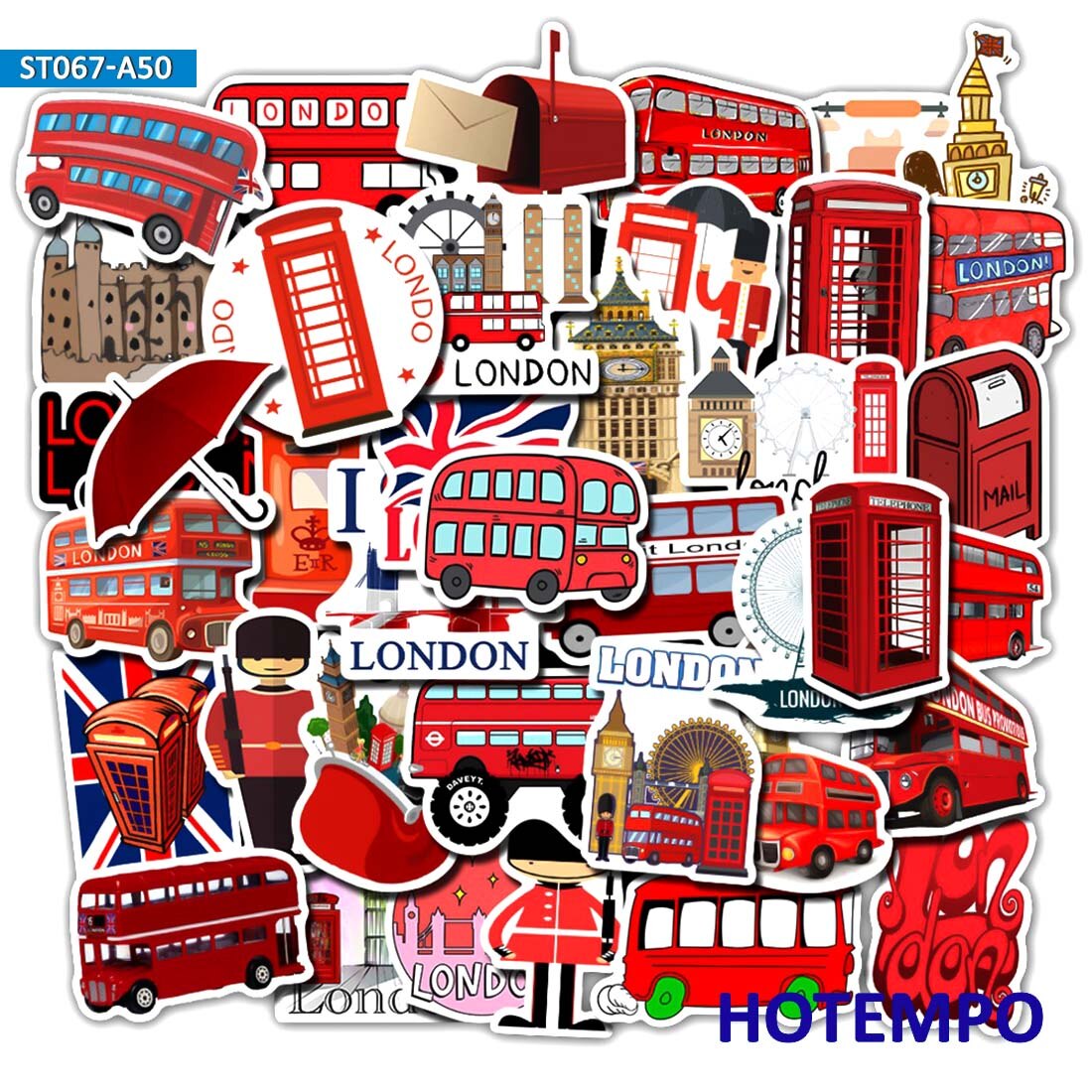 50pcs London Red Bus Telephone Booth Style Stickers for DIY Mobile Phone Laptop Luggage Suitcase Skateboard Fixed Gear PVC Decal
