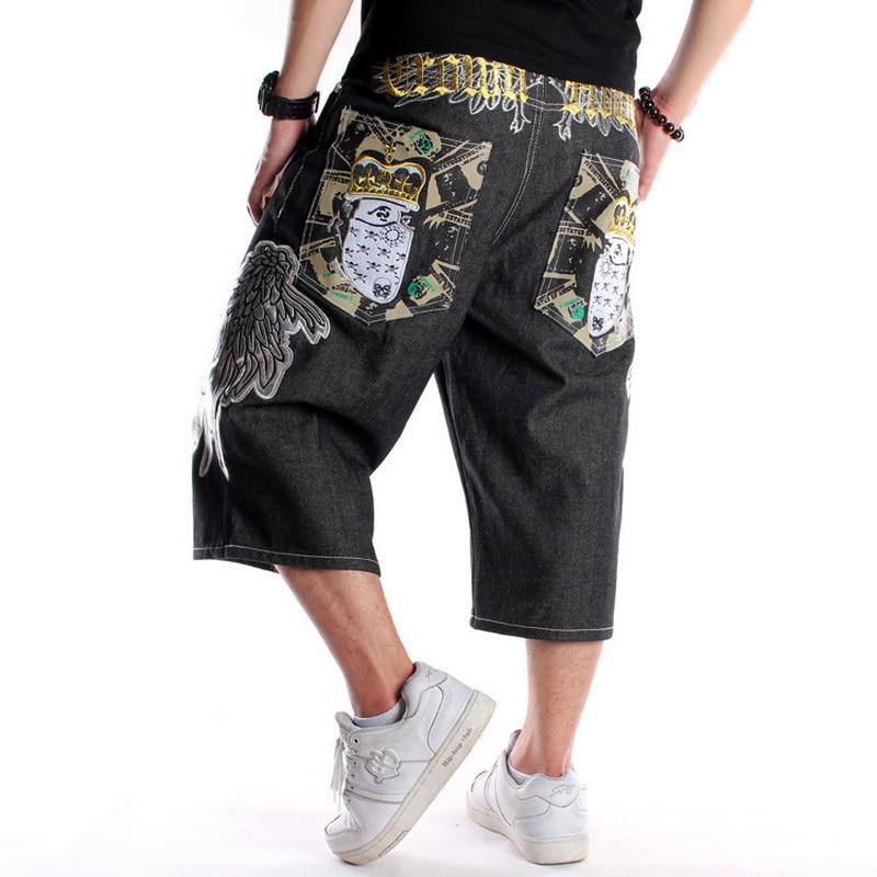 Short en jean pour hommes, jambes larges, broderie, Hip Hop, Baggy, Capri, imprimé, surdimensionné, 30-46
