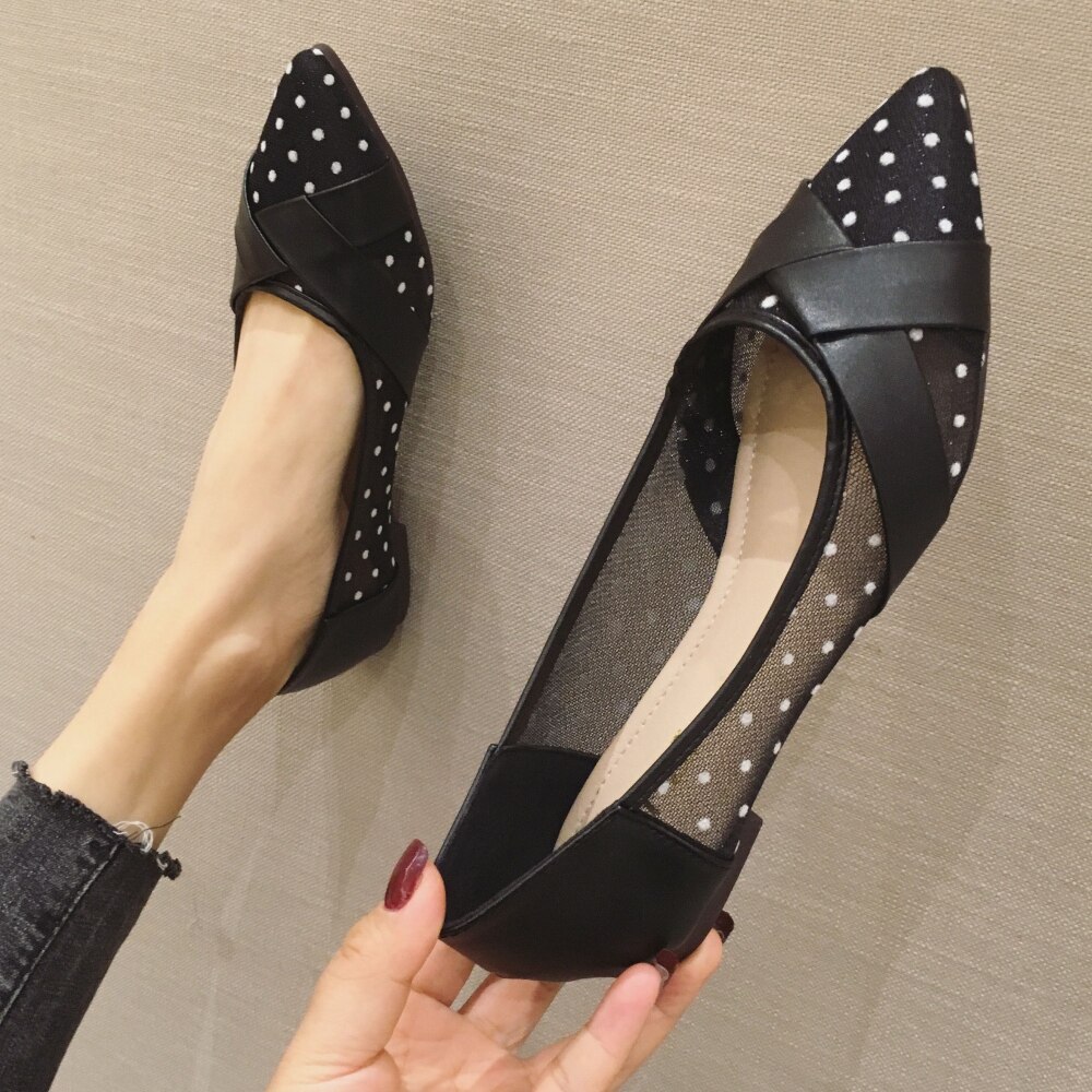 Spring Summer Women's Ballet Flats Shoes Polka Bot Openwork Shallow Woman Ladies Soft Work Flats Single Shoes Black