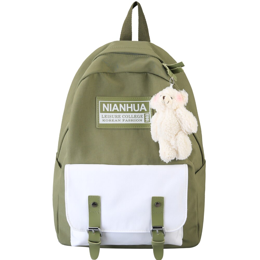 College Student Ladies Backpack Harajuku Women Female School Bag Cute Book Backpack Waterproof Nylon Girl Bag Kawaii: green / With Bear pendant