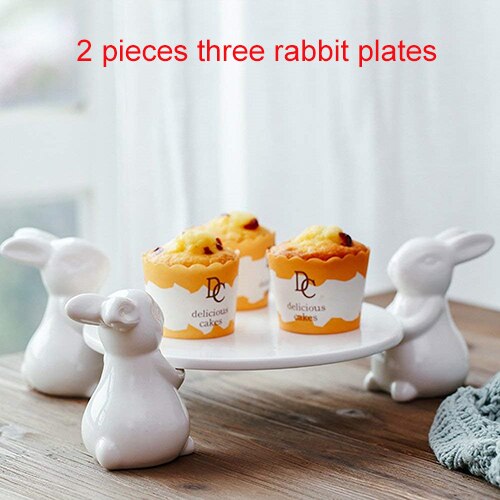 Plato para torta de porcelana cerámica blanca, soporte para pies de conejo, decoraciones creativas para el hogar, adornos de cerámica, accesorios, bandeja para pasteles de té: 2 PCS three rabbits