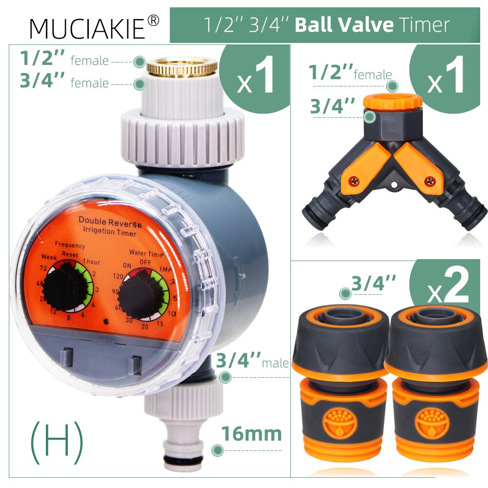 Garden Automatic Water Ball Valve Timer w Coupling Adapter for 1/4 1/2 3/4'' Tap Hose Outdoor Waterproof Irrigation Controller: H