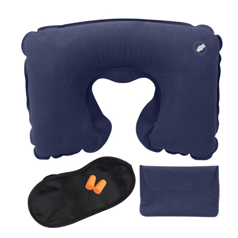 1 Set PVC Flocking Pillow Portable Travel Accessories Inflatable Neck Pillow U Shape Blow Up Neck Cushion Eye mask earplug: Navy