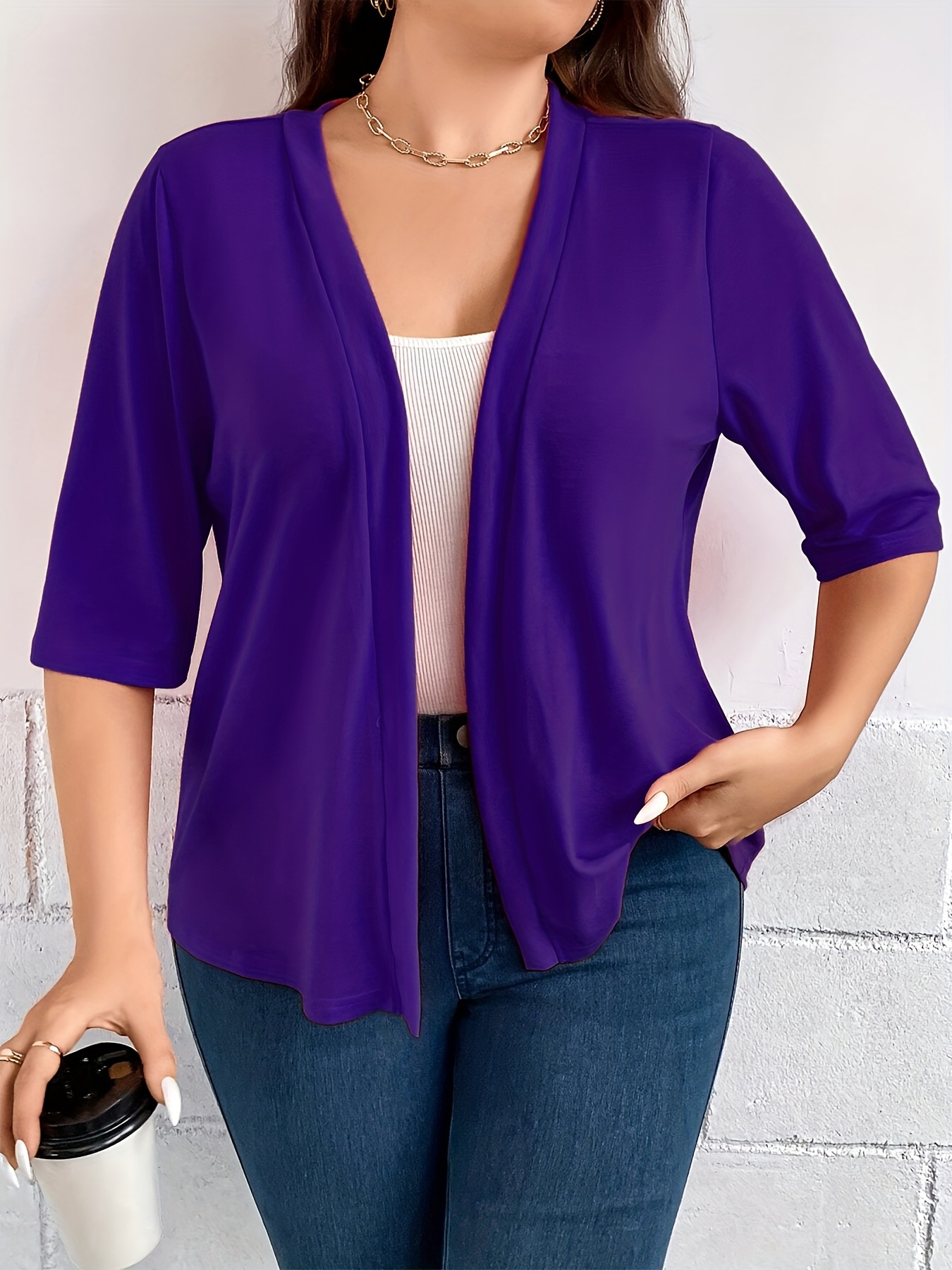 Blazer Drapé à Manches Trois-Quarts pour Documents, Veste Simple et Polyvalente, Couleur Unie, Grande Taille: 3XL / Violet