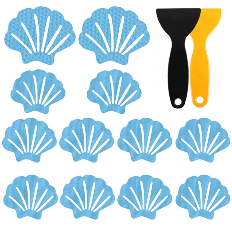 12 pçs antiderrapante banheiro banheira antiderrapante adesivos antiderrapantes com 2pc raspadores chuveiro tira escudo em forma para pisos piscinas escadas escadas: Blue
