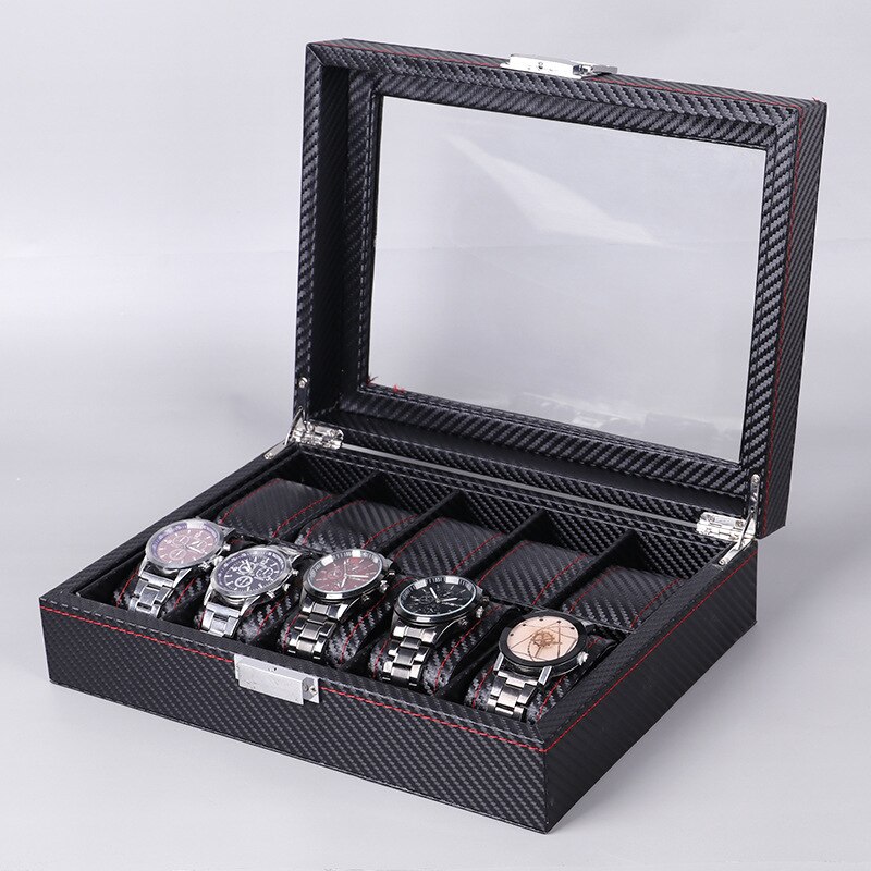 WDDSXXJSL carbon fiber leather 10 digit rectangular watch box jewelry display storage box home decoration packaging box: 28x21x8cm