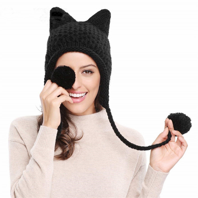 Orecchie di gatto tutto'uncinetto cappello lavorato a maglia paraorecchie cappello a cuffia tutto'uncinetto maglia di lana autunno inverno: nero