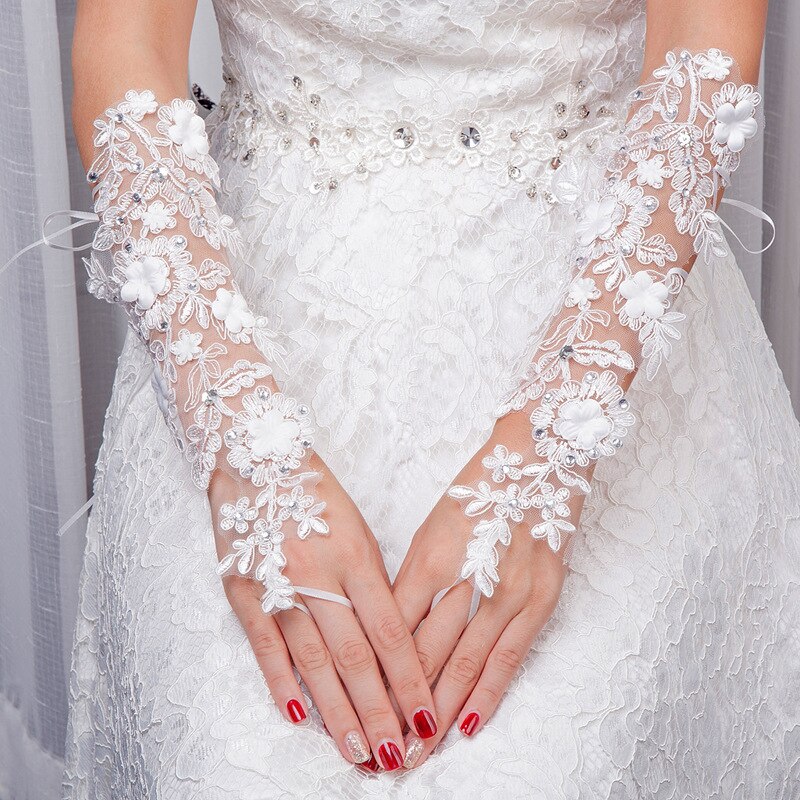 Fingerless Long Wedding Glove White Lace Appliques with Beaded Shiny Wedding Accessories Gloves for Bridal