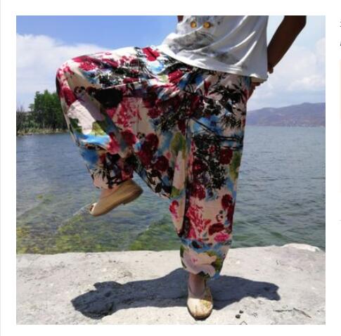 20 print thai hip hop aladdin hmong baggy bomuld hør harem bukser mænd plus size brede ben bukser boho casual bukser cross-bukser: 9