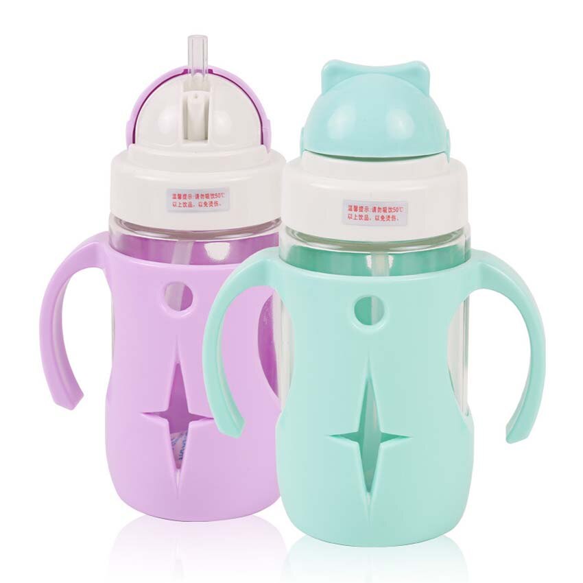 Babybarn glassflaske med sugerør barn drikkeflaske mateglass kopp lekkasjesikker flaske med silikonetui 260ml