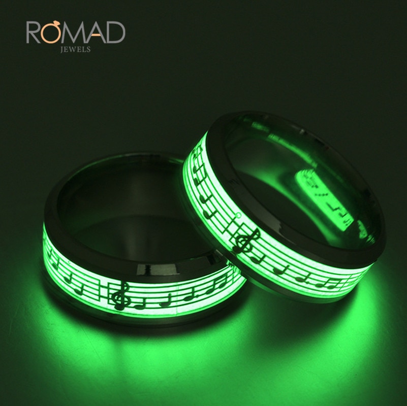 316 titane acier inoxydable anneau couleur argent musique Note de musique lueur dans le noir anneaux pour hommes femmes Cool bijoux