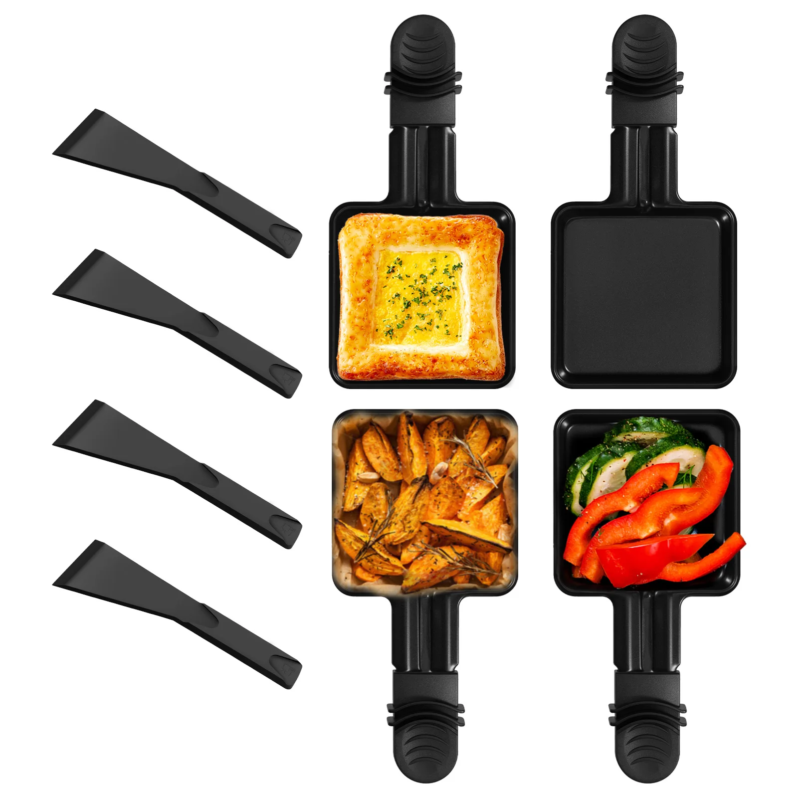 Mini sartenes para parrilla de Raclette de forma cuadrada, sartén para derretir queso con mango, sartenes antiadherentes de acero inoxidable para barbacoa, sartén para derretir queso y huevos, 4 Uds.