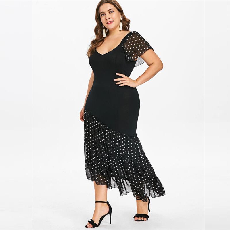 Women Summer Dress Plus Size Black V Neck Short Sleeve Polka Dot Print Patchwork Long Dress Maxi Boho Beach Dresses