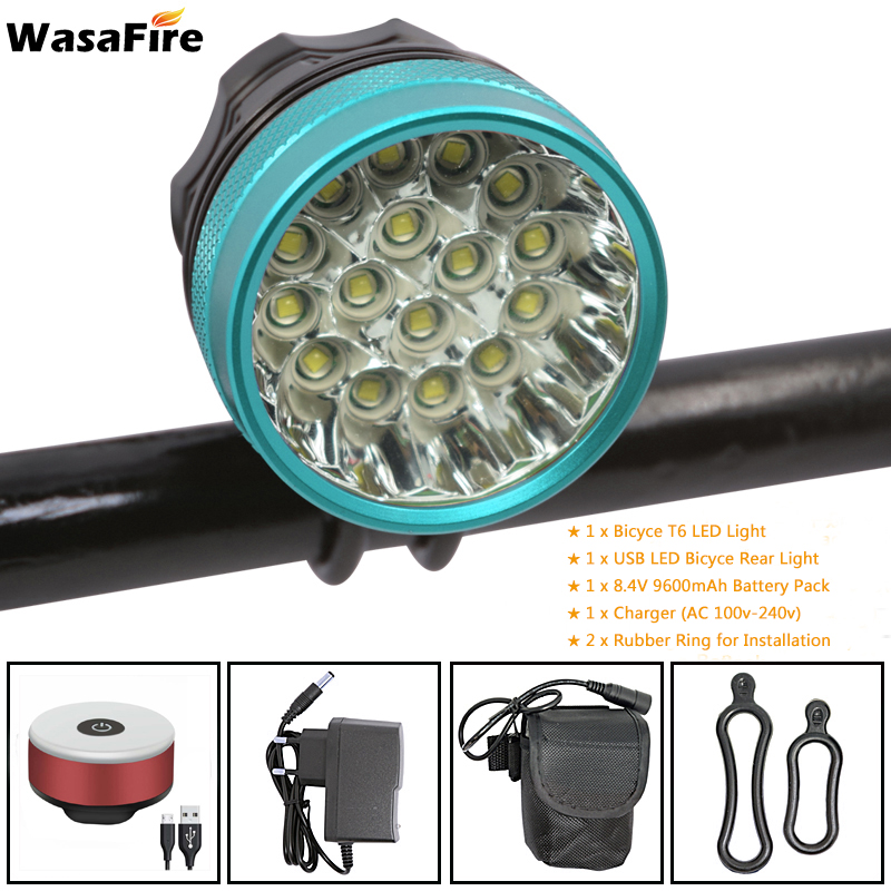 Fiets Front Light Koplamp 40000 Lumen 16 Xml T6 Led Mtb Lantaarn Fietsen Fiets Lamp Stuur Zaklamp Running Lights: Blue 9600 taillight
