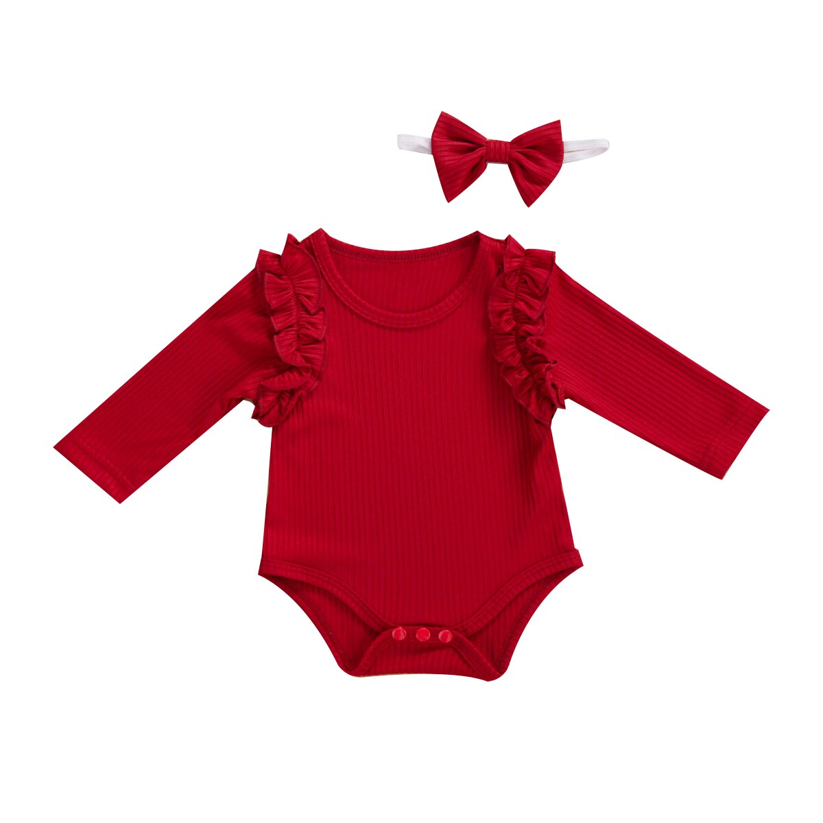 Focusnorm Herfst Baby Meisjes Jongens Bodysuits Hoofdband Ruches Lange Mouwen Knit Solid Jumpsuits 2 Stuks 5 Kleuren: Rood / 3M