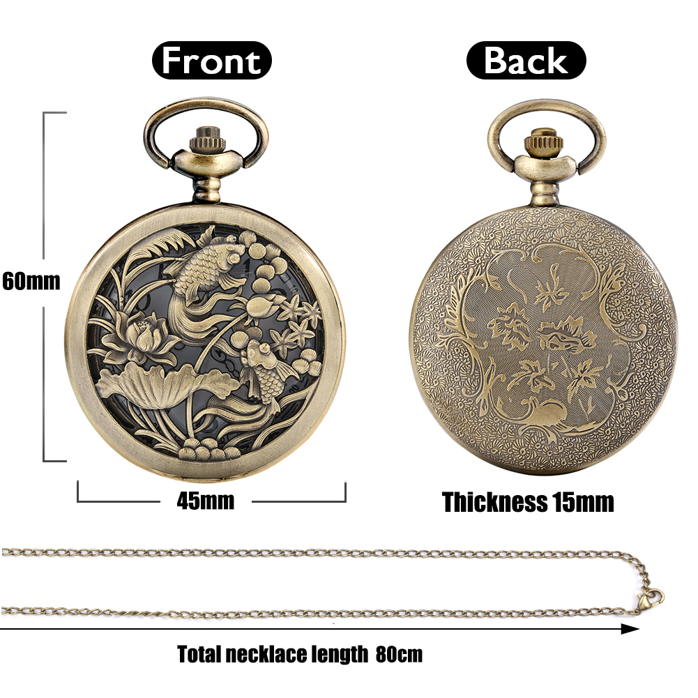 Bronze Pocket Watch Hollow Engraving Lotus Pond Carp Swimming Pendant Necklace Quartz Pocket Watch for Men Relógio De Bolso