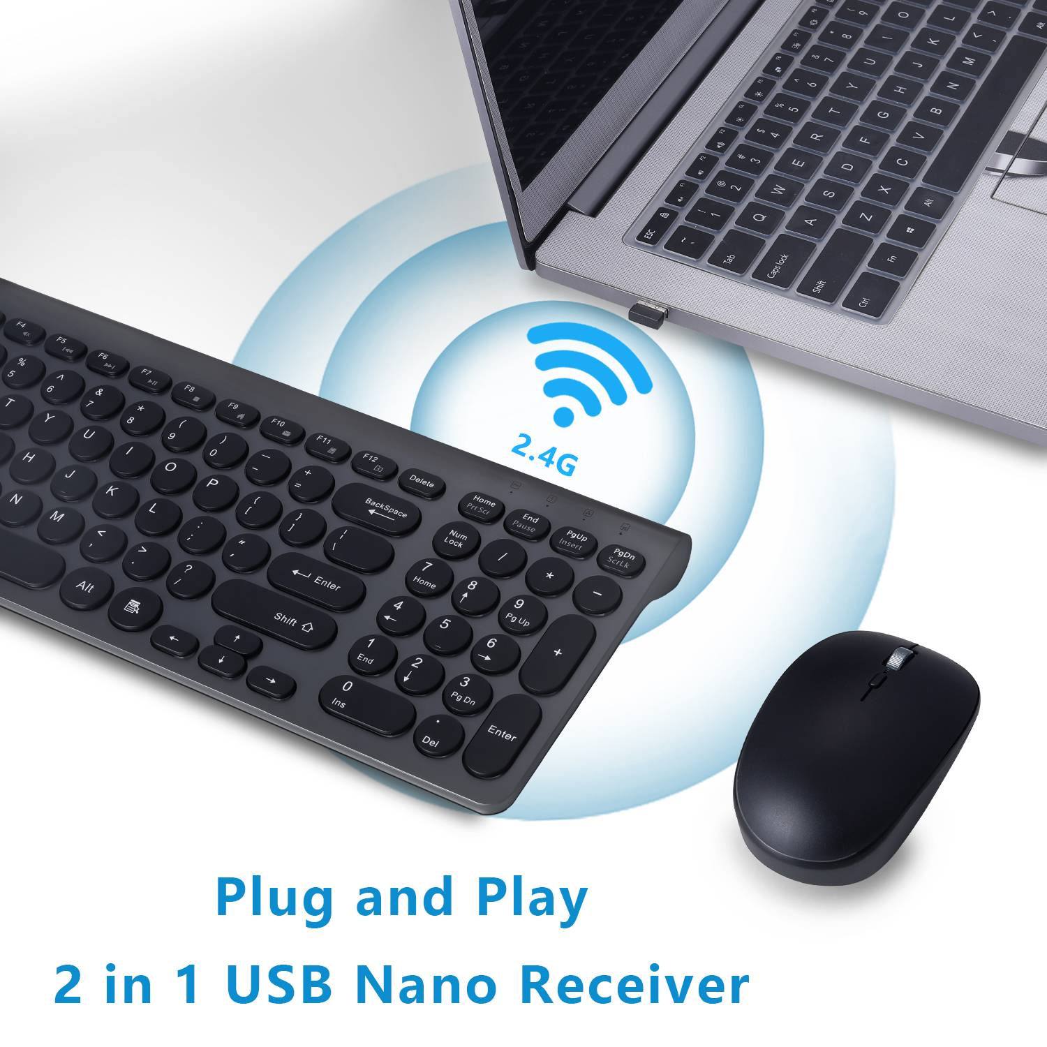 Wireless Keyboard and Mouse Combo, Compact Slim Full Size, Round Keycaps, Silent Mice, for PC, Laptop, Computer, Windows