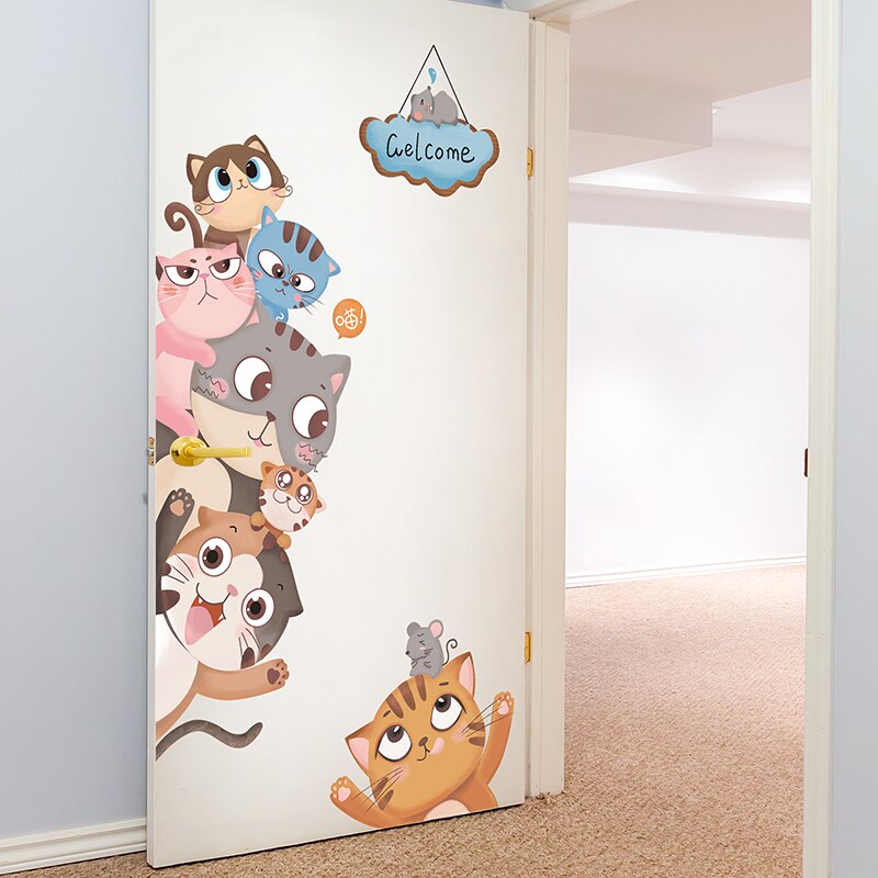 Cartoon Katten Muurstickers Vinyl Diy Dieren Mural Decals Voor Kinderen Kamers Baby Slaapkamer Kinderen Nursery Deur Woondecoratie