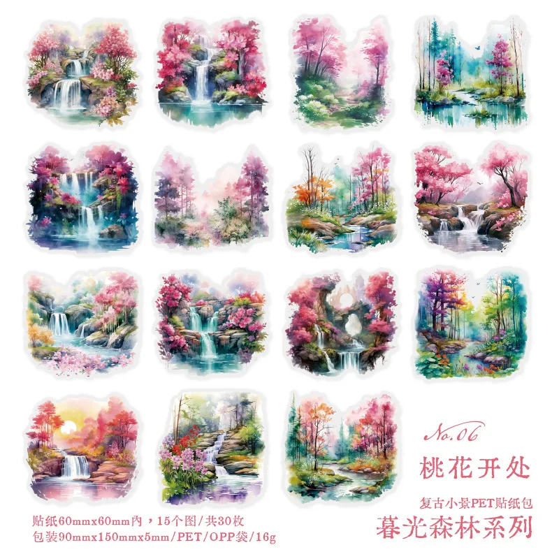30 unids/bolsa pegatinas transparentes bolsa Crepúsculo bosque serie arte paisaje álbum de recortes diario basura Collages decorativos: Gris claro