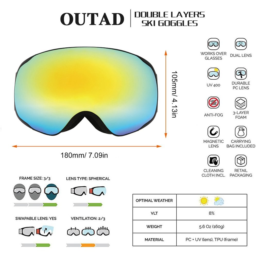 Outad dubbla lager skidglasögon uv-dimskydd glasögon utomhus sport skridskoåkning skidglasögon snö snowboard glasögon