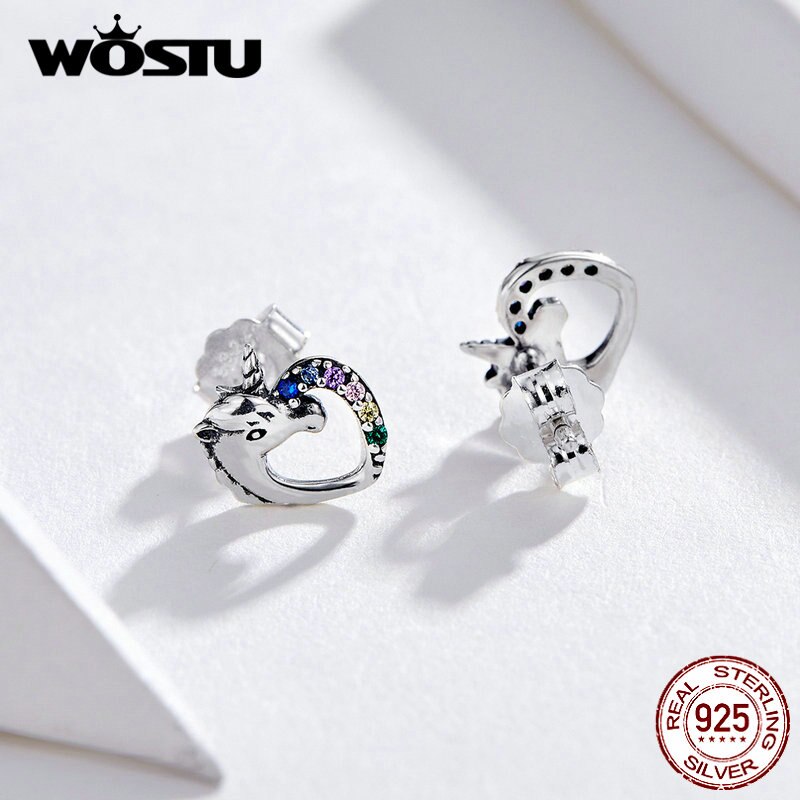 WOSTU Einhorn Herz Zucht Ohrringe 925 Sterling Silber Multi-Farbe CZ Ohrringe Für Frauen Hochzeit Luxus Schmuck CQE611