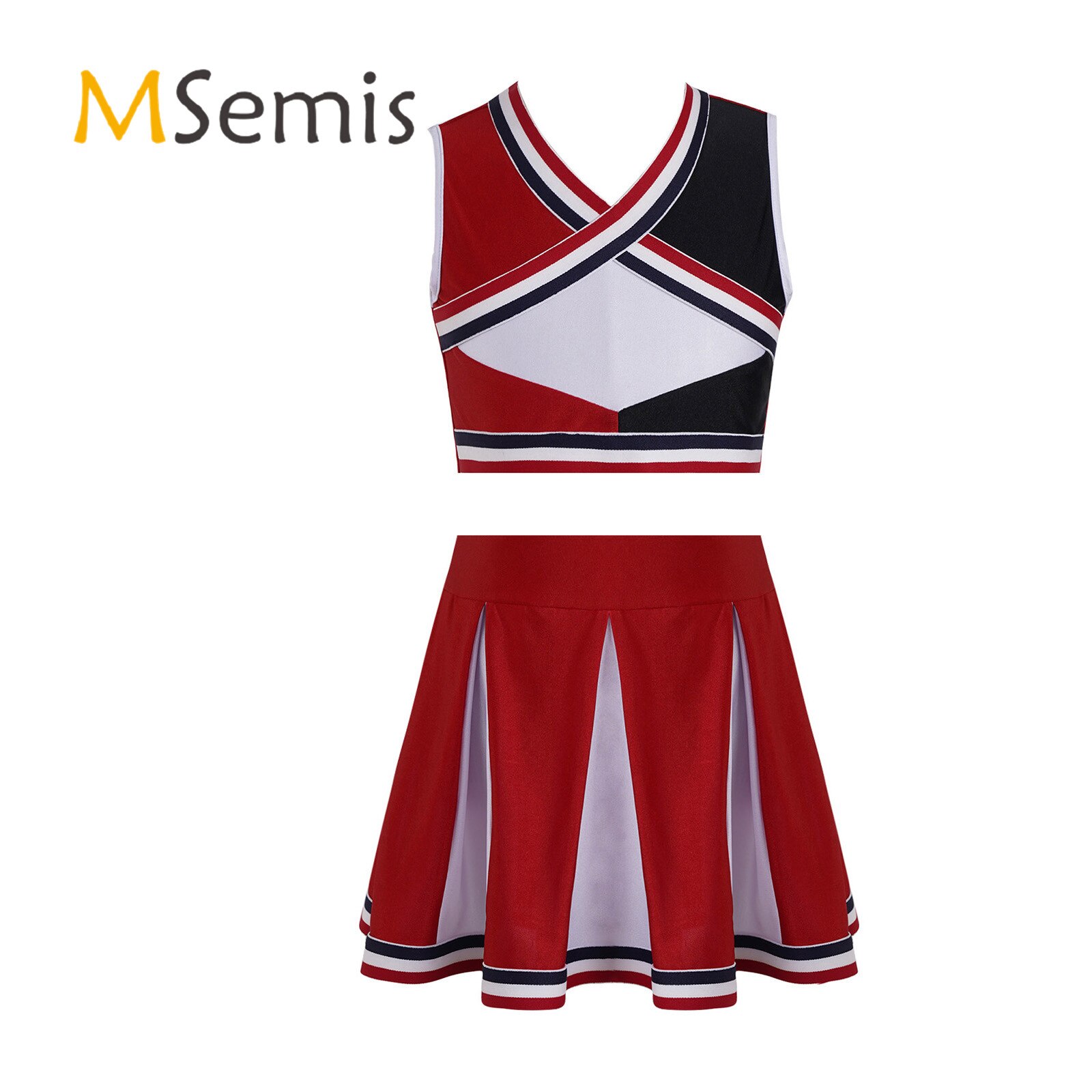 Kids Meisjes Cheerleading Dance Kleding Set V Hals Crop Top Met Elastische Tailleband Geplooide Rok Carnaval Cheerleader Outfit