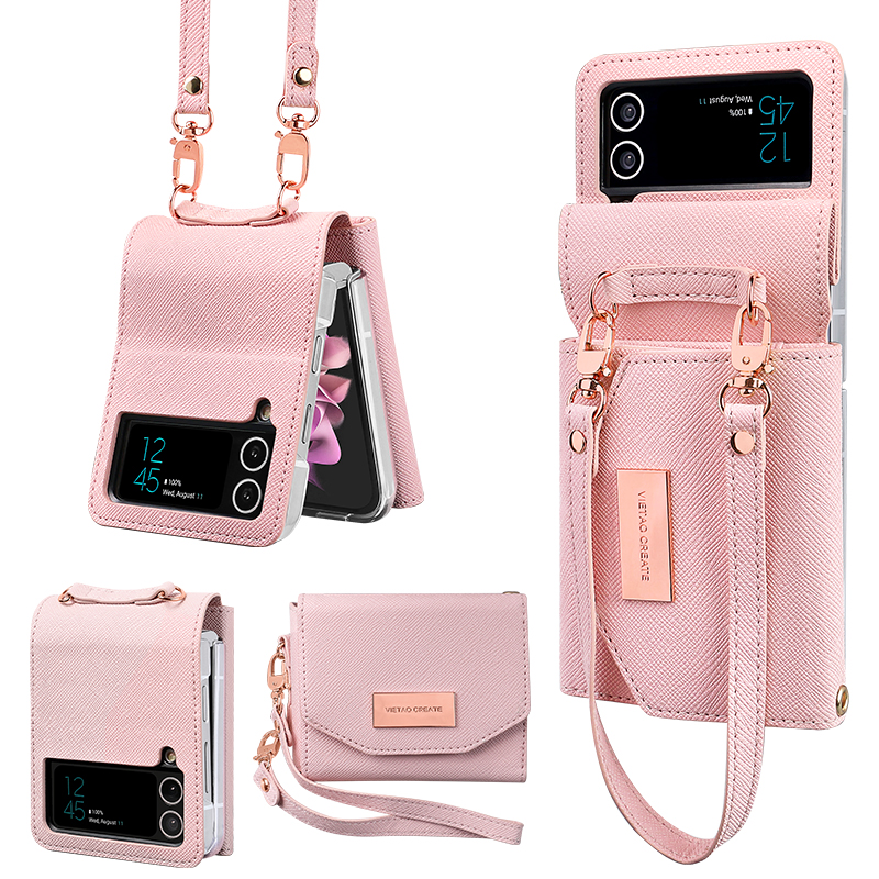 Vietao-Funda tipo billetera de cuero para Samsung Galaxy Z Flip 4, 3, Z4, Z3, funda para teléfono z flip 5 con correa de mano, funda z flip 6: ABS / Beige
