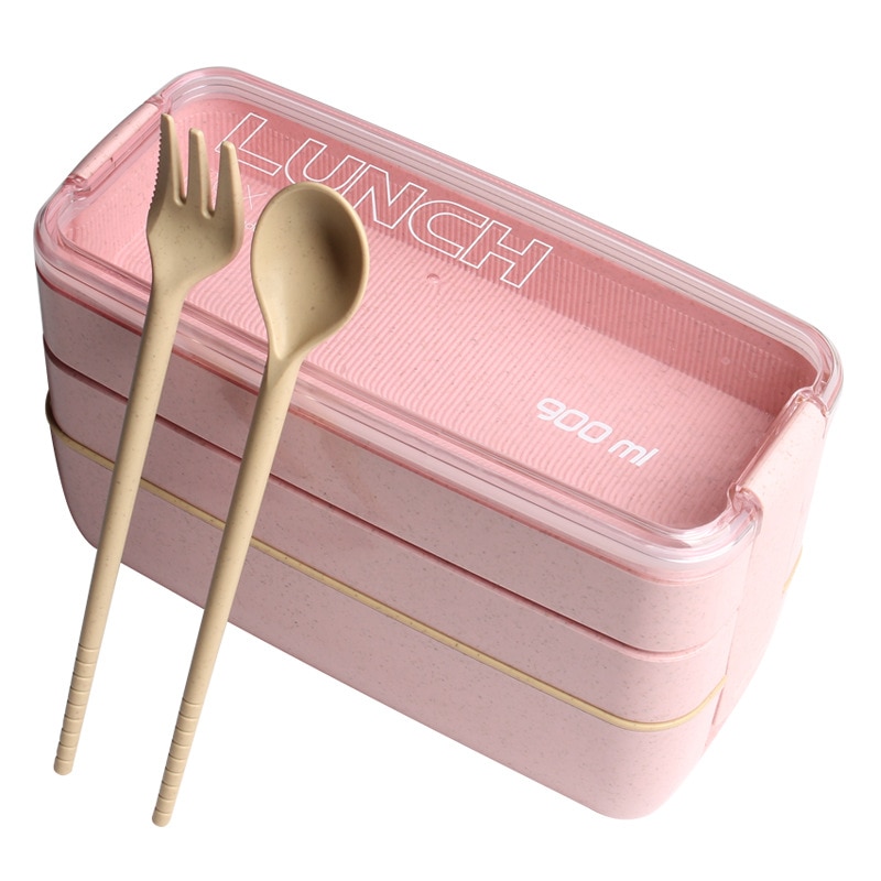 900ml 3 Layers Lunch Box Bento Food Container Eco-Friendly Wheat Straw Material Microwavable Dinnerware Lunchbox Vip