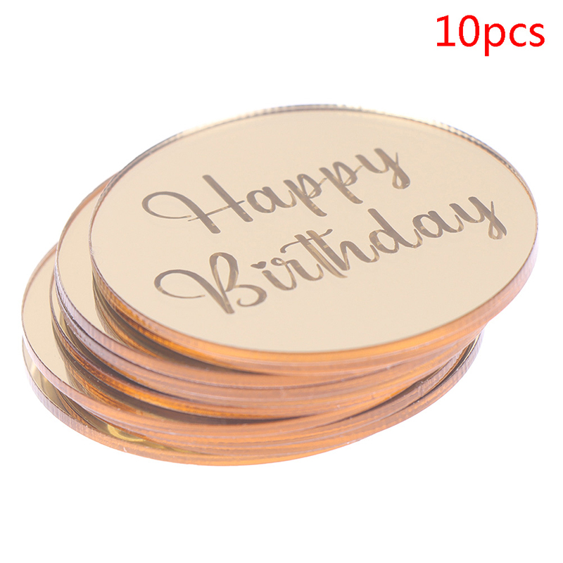 10pcs Set Gold Baby Shower Happy Birthday Cake Toppers Mirror Acrylic Baking Cupcakes Card Decorations Party Cupcake Insert Flag: GD