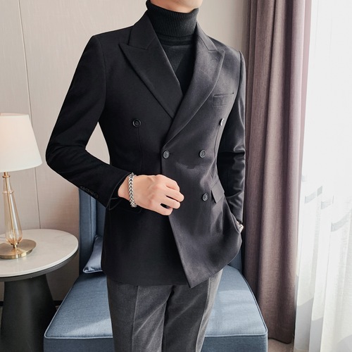 British Style Woolen Blazers Men Double Breasted Wedding Business Casual Suit Jacket Social Banquet Tuxedo Coat Costume Homme: black / XXL