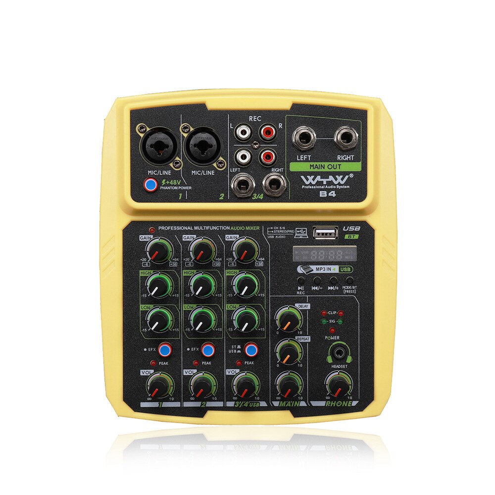 4 Channels Sound Mixer Audio interface Studio Recording Sound Card Mixing Console Microphone 48V Phantom Power: Yellow