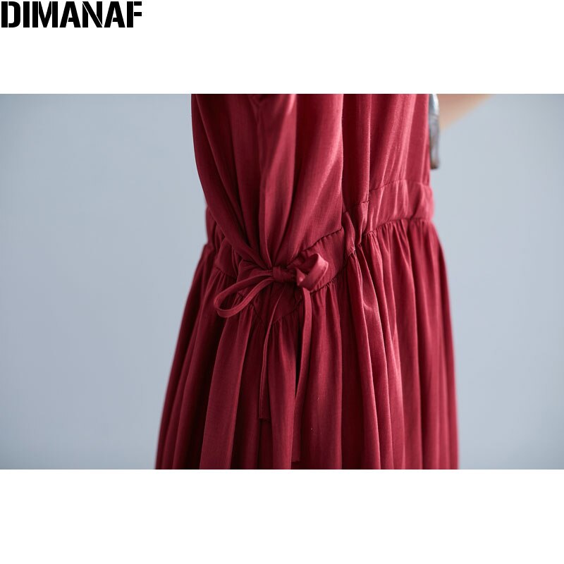 Dimanaf plus size damklänning sommar med bälte veckad bomull casual stil kvinnlig vestidos lös solid basklänning 4 färger