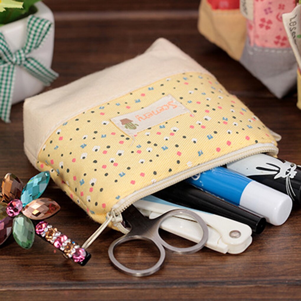 Portable Exquisite Flower Print Girils Zipper Canvas Pencil Case Key Coin Purse Makeup Bag Coin Bag