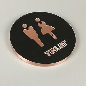 Letrero de baño para hombres y mujeres, letreros de baño (baño), Círculo de 16cm de diámetro, pegar en el cristal, pared, puerta, oro rosa y negro: toilet