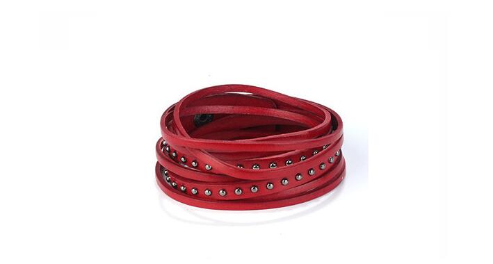 Pulseira de couro punk, bracelete vintage com rebite preto rock para mulheres e homens, pulseira com botão de pressão e 2 rodas: red