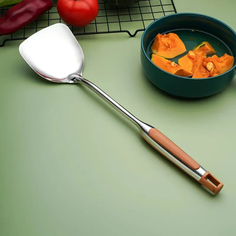 Espátula de Wok de acero inoxidable con mango largo, cuchara de arroz ranurada, cucharón, juego de utensilios de cocina,: Verde claro