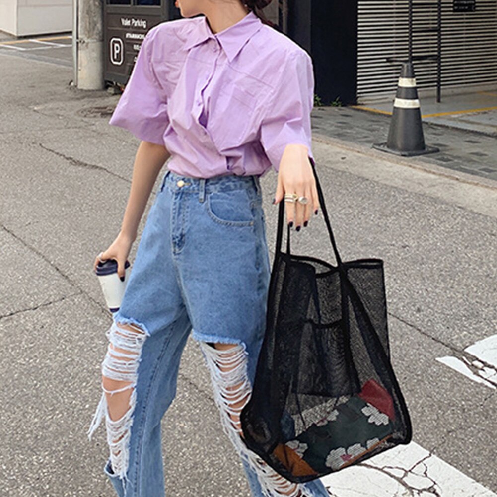 Large capacity ladies mesh beach bag portable waterproof camping picnic swimming leisure mesh shoulder bag reusable