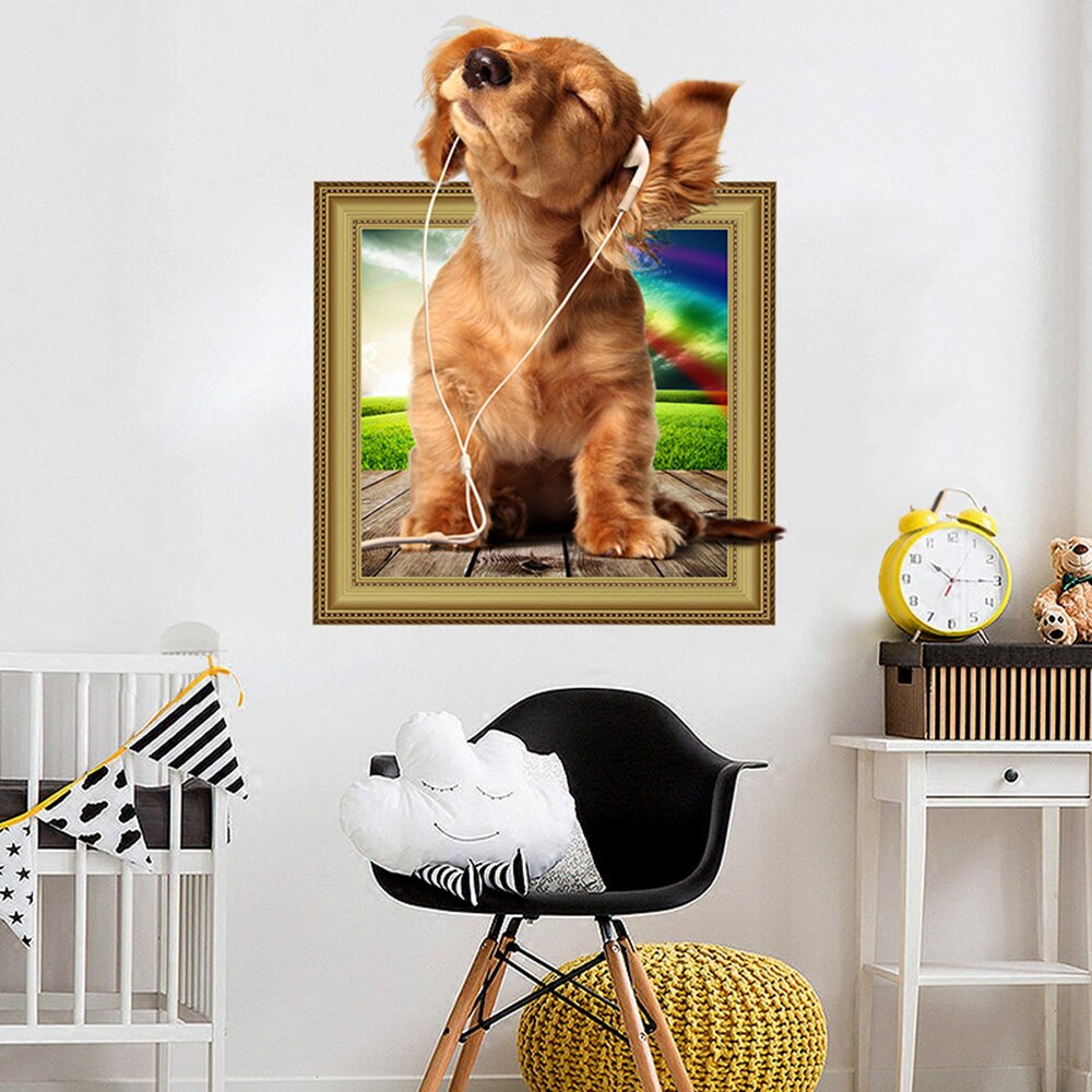 40x50cm 3D Dog Wall Sticker Removable 3D Hole Puppy Wall Decals Living Room Bedroom Decor