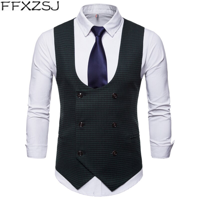 FFXZSJ 2019 wiosna jesień kamizelka męska Vintage kamizelka mężczyźni garnitur kamizelka w kształcie litery U kołnierz Houndstooth męska kamizelka okazjonalna odzież męska: green / L