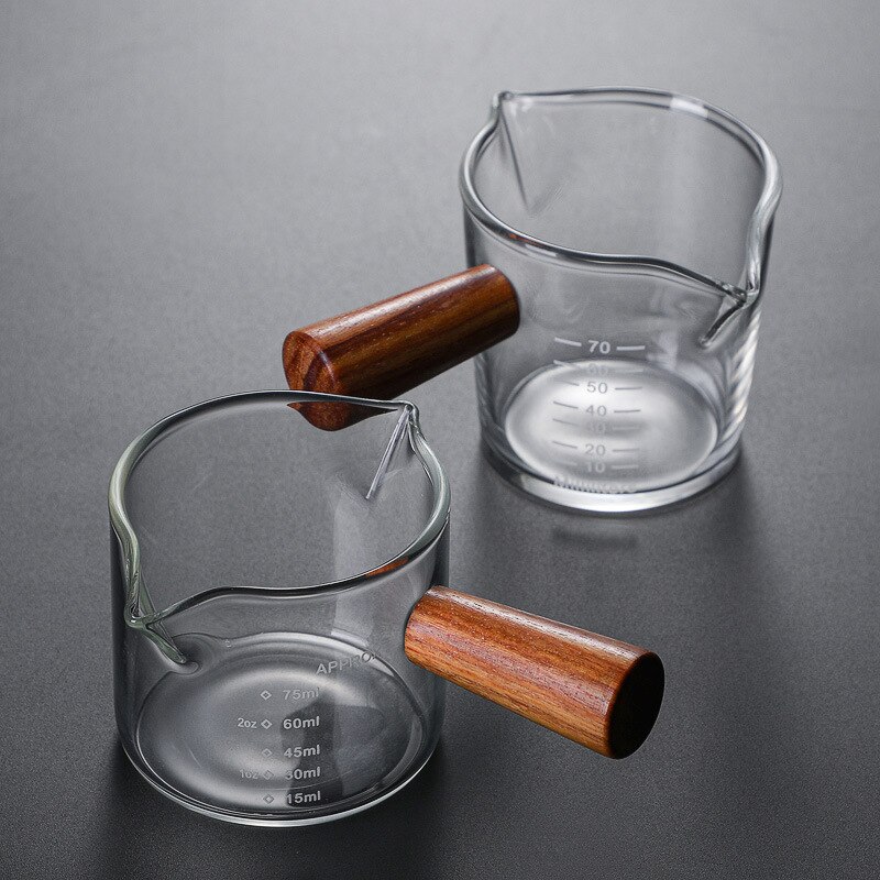 75ml Coffee Milk Jugs Measuring Cup with Scale Heat-resistant Glass with Wooden Handle High Borosilicate Glass Cups