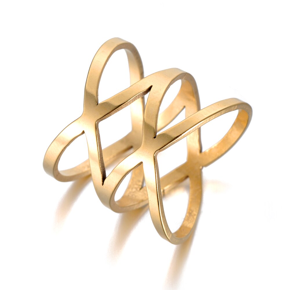 Trendy Hollow Double X Shapae Anniversary Rings Gold Color Stainless Steel Wedding Ring Jewelry For Women Christmas R18121: 6