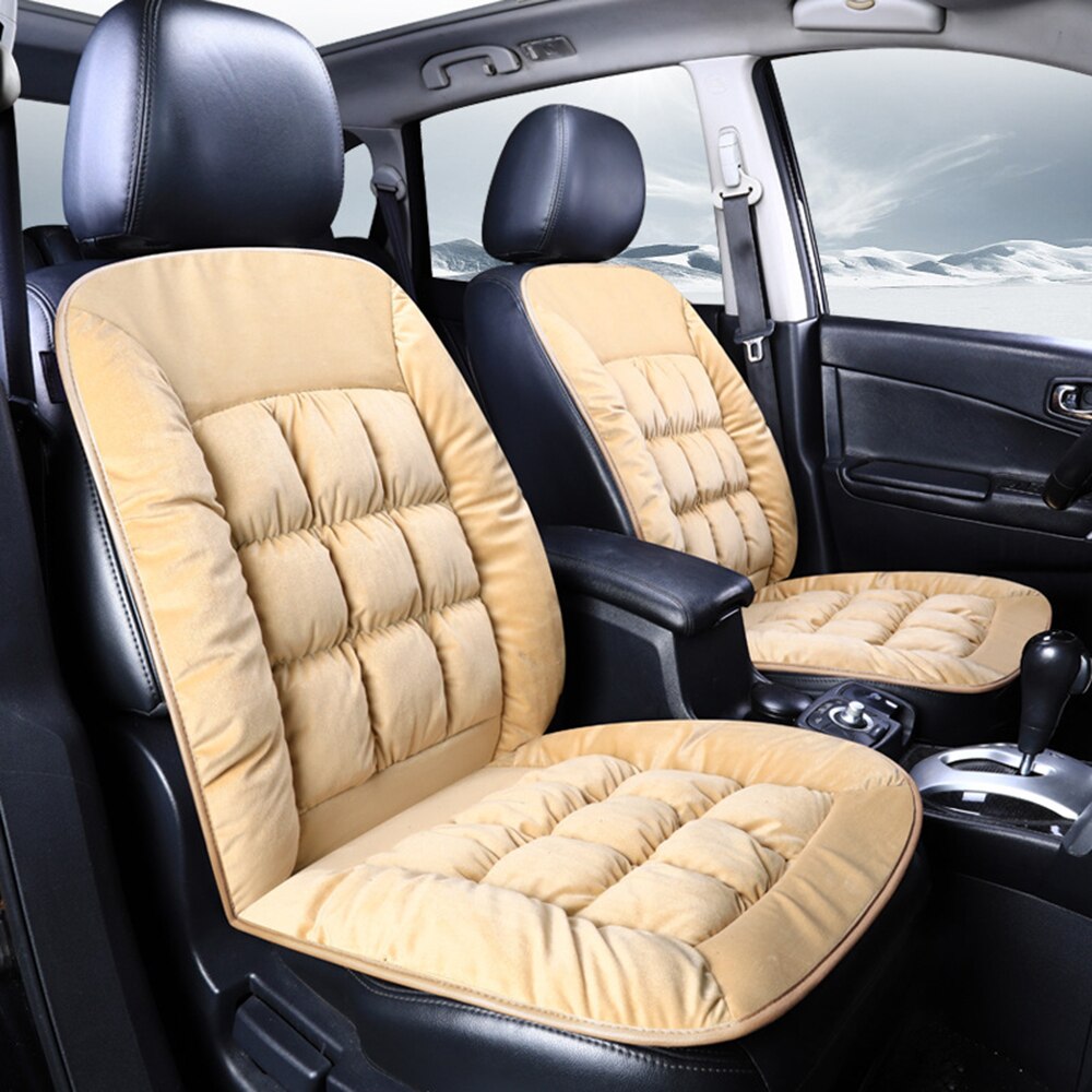Universal Plush Car Seat Cover Warm Lattice Style Auto Front Back Backrest Seat Cushion Pad Car Winter Interior 4 Seasons 2pcs: Beige-2pcs