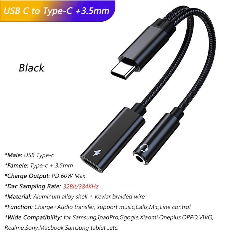 Adapter słuchawkowy 2 w 1 USB typu C z gniazdem 3,5 mm Dac USB C Audio Adaptator do Samsung S24 Plus S25 Ultra Iphone 16 Pro Max Ipad: WHITE
