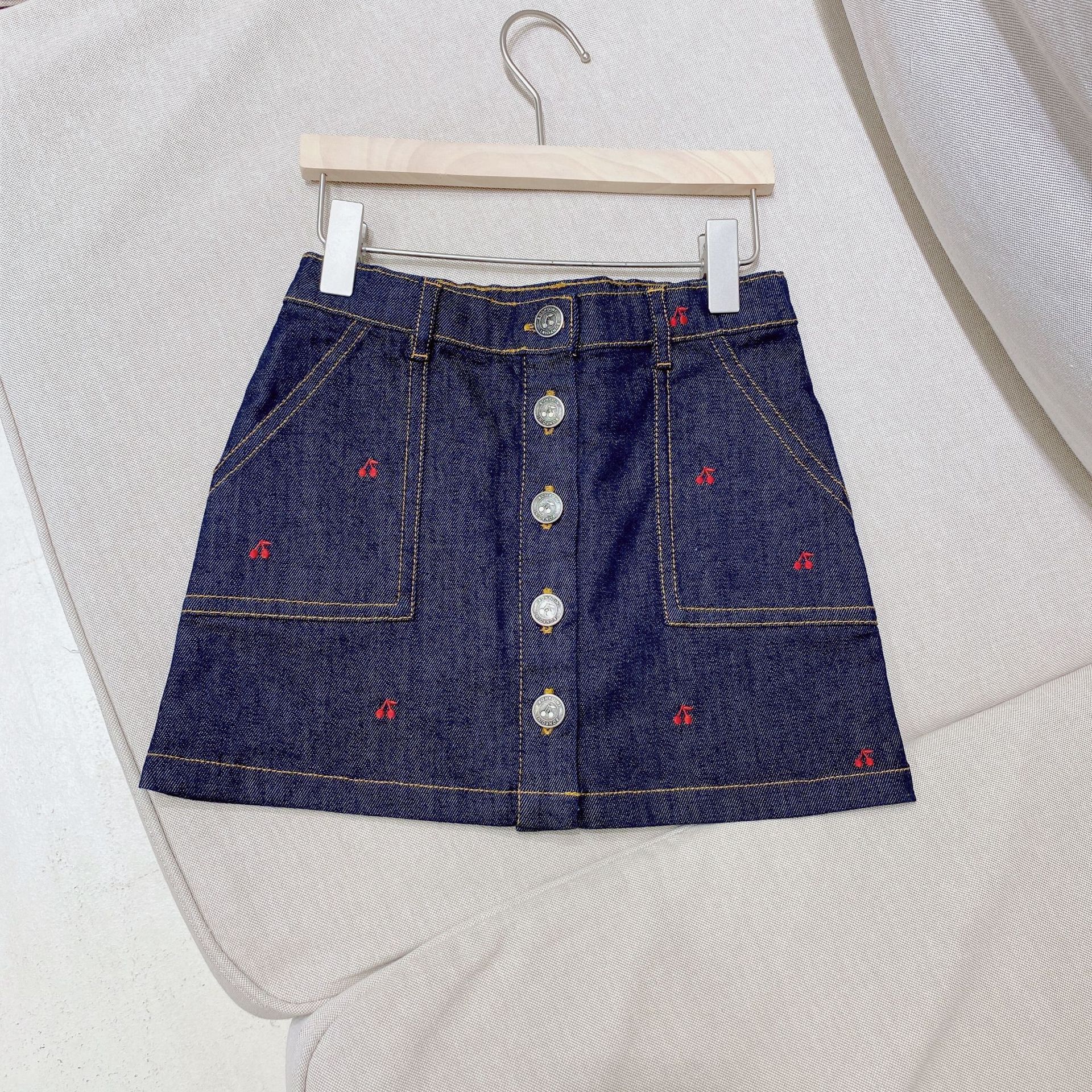 Efterår piger nederdel mørk marineblå farve broderet rød kirsebær mønster piger denim nederdel presell 12th oktober skib