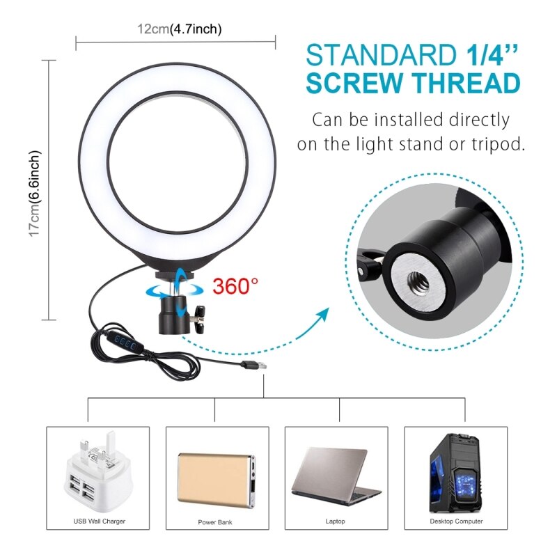 Puluz 4.7 Inch 12 Cm Usb 3 Modes Dimbare Led Ring Vlogging Fotografie Video Verlichting Met Koude Schoen Statief Bal hoofd