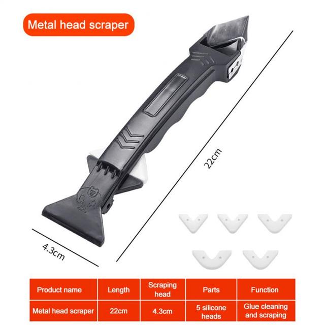 Raspador de silicona 5 en 1, removedor de pegamento, cuchillo de ángulo, espátula para hendiduras de belleza, Kit de rascador de lechada, herramienta de calafateo Coner multifunción: Metal head