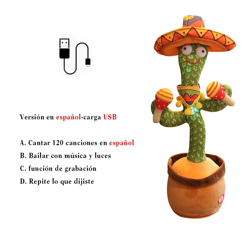 cactus dansant usb Rechargeable avec son en espagnol pour bébés, jouet Parlant russe: J Spanish USB
