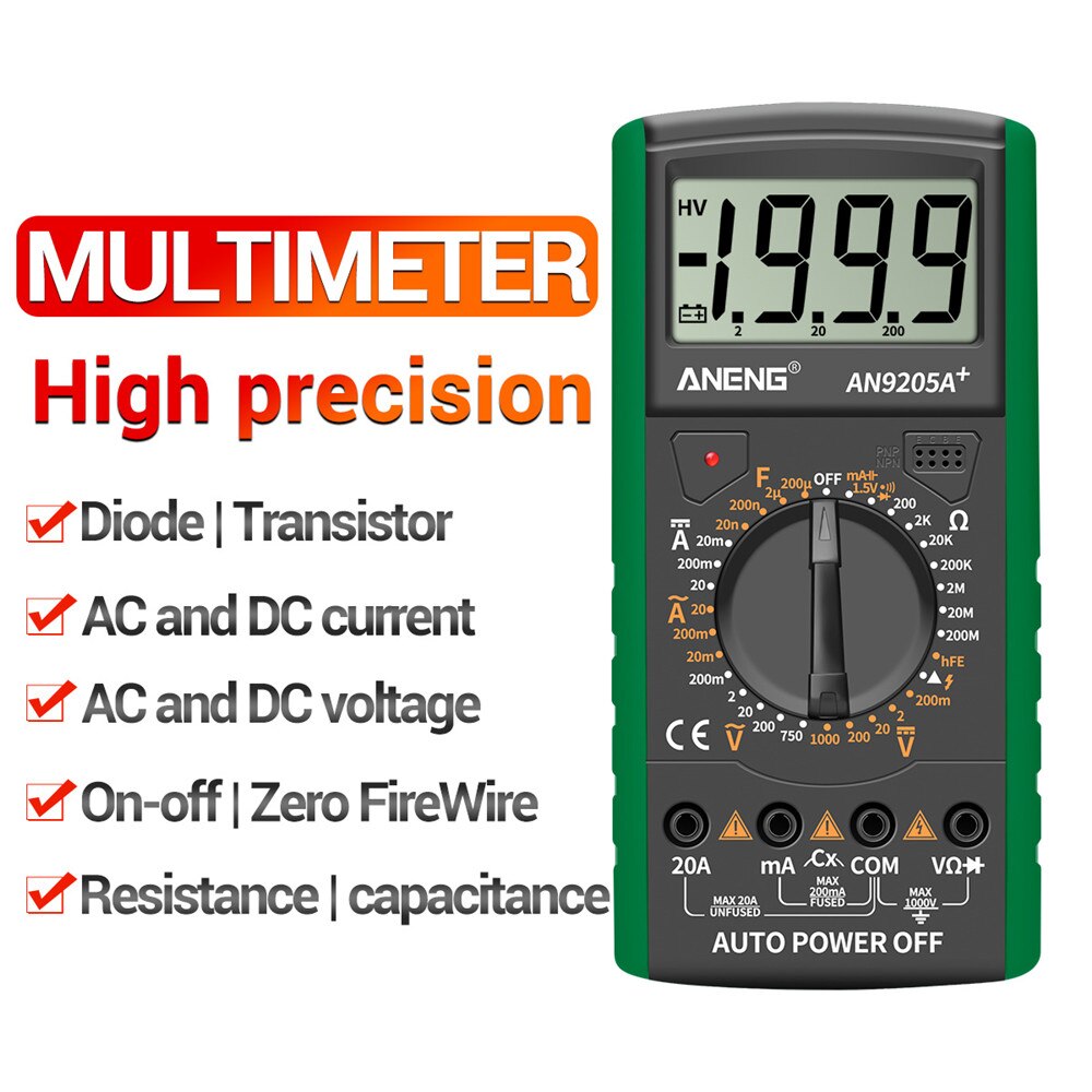 ANENG DT9205A+Digital Multimeter LCD Display Manual Range AC DC Resistance Capacitance Transistor Tester Ammeter NCV Test Meter: Green