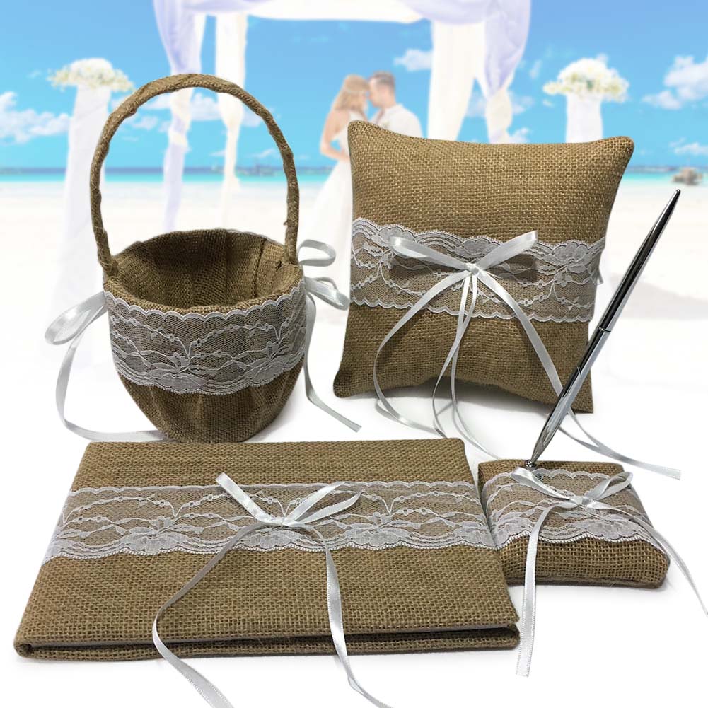 1 set gästbok penna stativ ring kudde blomma korg bröllopsfest bärbar dekoration hogard