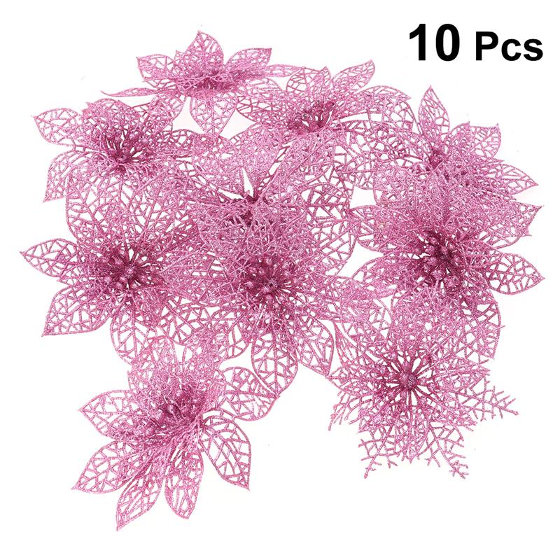 10Pcs Gesimuleerde Kerst Kunstbloemen Plastic Decoratieve Bloemen Voor Kerstboom (Roze)